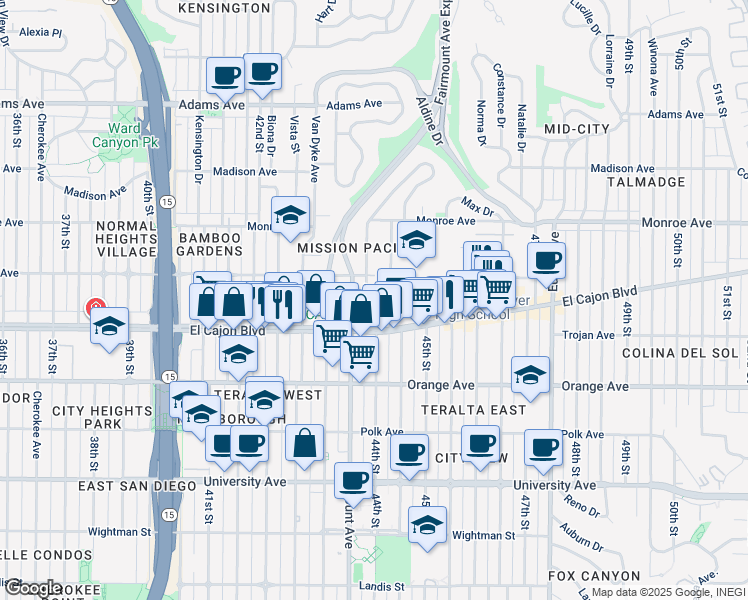 map of restaurants, bars, coffee shops, grocery stores, and more near in San Diego