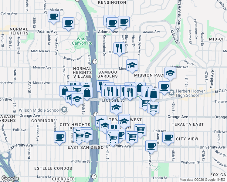 map of restaurants, bars, coffee shops, grocery stores, and more near 4144 El Cajon Boulevard in San Diego
