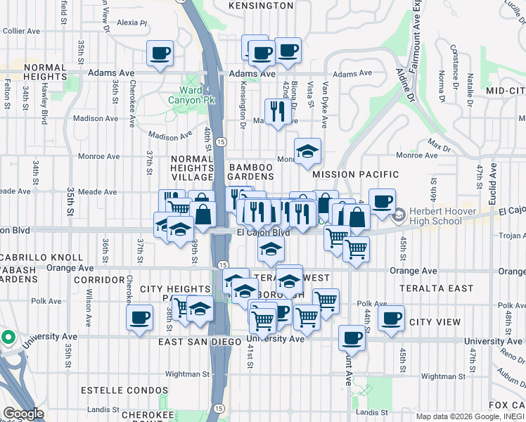 map of restaurants, bars, coffee shops, grocery stores, and more near 4144 El Cajon Boulevard in San Diego