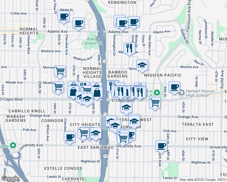 map of restaurants, bars, coffee shops, grocery stores, and more near 4050 El Cajon Boulevard in San Diego