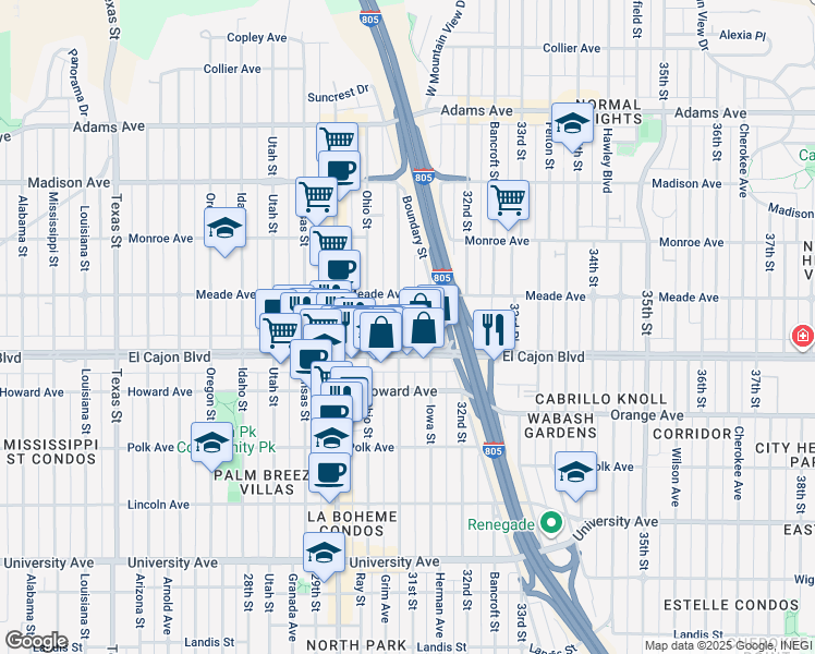 map of restaurants, bars, coffee shops, grocery stores, and more near 3104 El Cajon Boulevard in San Diego