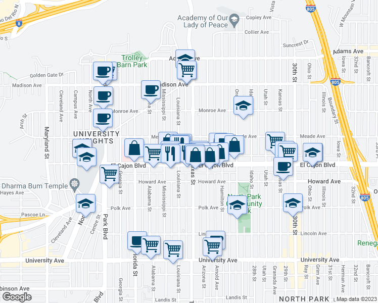 map of restaurants, bars, coffee shops, grocery stores, and more near 2322 El Cajon Boulevard in San Diego