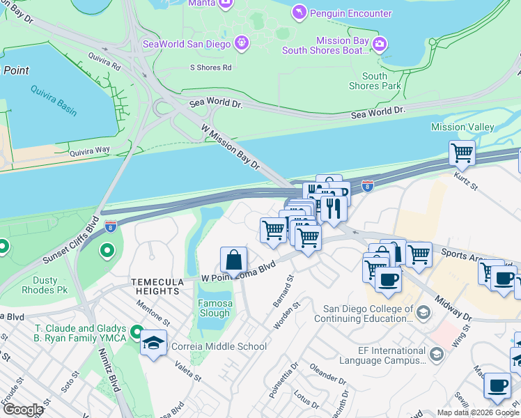 map of restaurants, bars, coffee shops, grocery stores, and more near 4050 Loma Riviera Circle in San Diego