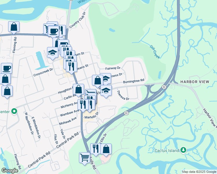 map of restaurants, bars, coffee shops, grocery stores, and more near 1563 Harbor View Road in Charleston