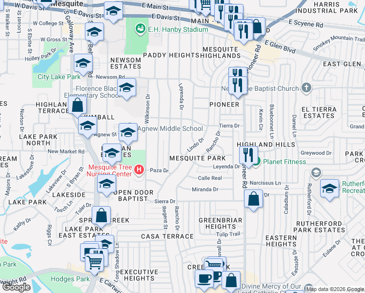map of restaurants, bars, coffee shops, grocery stores, and more near 918 Leyenda Drive in Mesquite