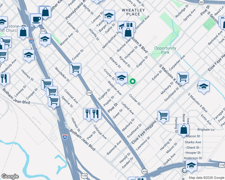 map of restaurants, bars, coffee shops, grocery stores, and more near 2311 Poplar Street in Dallas