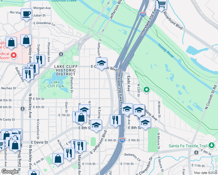 map of restaurants, bars, coffee shops, grocery stores, and more near 1221 East Jefferson Boulevard in Dallas