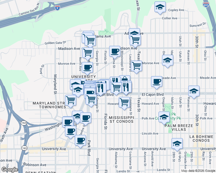 map of restaurants, bars, coffee shops, grocery stores, and more near 4345 Florida Street in San Diego