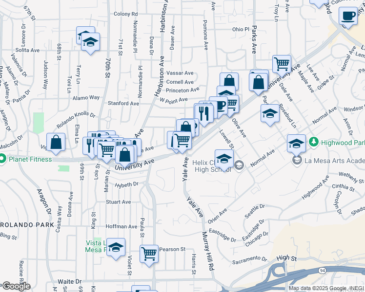 map of restaurants, bars, coffee shops, grocery stores, and more near 7299 University Avenue in La Mesa