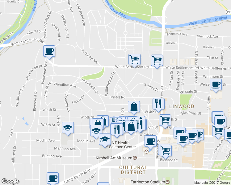 map of restaurants, bars, coffee shops, grocery stores, and more near 257 Casa Blanca Avenue in Fort Worth