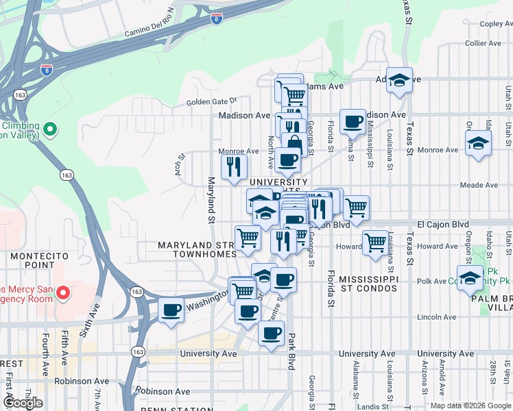 map of restaurants, bars, coffee shops, grocery stores, and more near 4345 Campus Avenue in San Diego