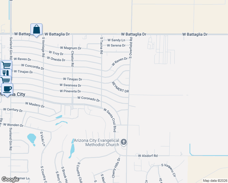 map of restaurants, bars, coffee shops, grocery stores, and more near 8306 West Pineveta Drive in Arizona City