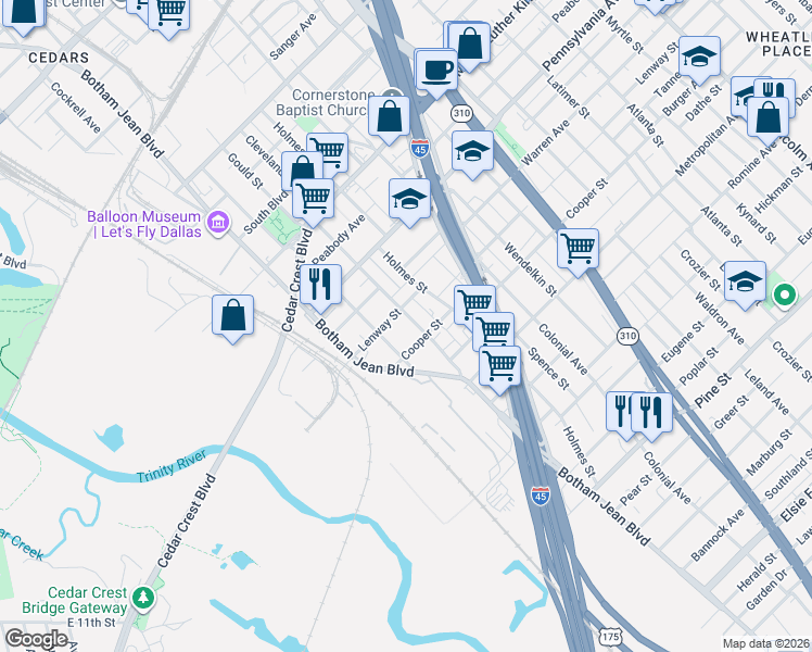 map of restaurants, bars, coffee shops, grocery stores, and more near 3530 Parnell Street in Dallas