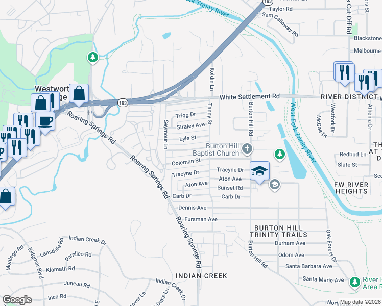 map of restaurants, bars, coffee shops, grocery stores, and more near 5825 Coleman Street in Westworth Village