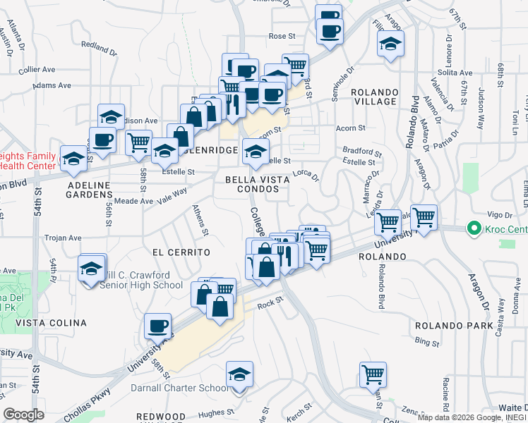 map of restaurants, bars, coffee shops, grocery stores, and more near 4281 View Place in San Diego