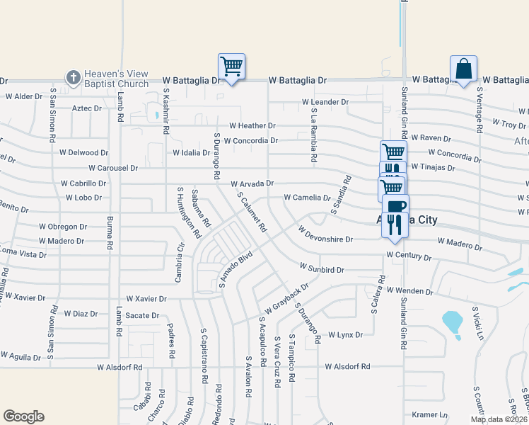 map of restaurants, bars, coffee shops, grocery stores, and more near 13705 South Calumet Road in Arizona City