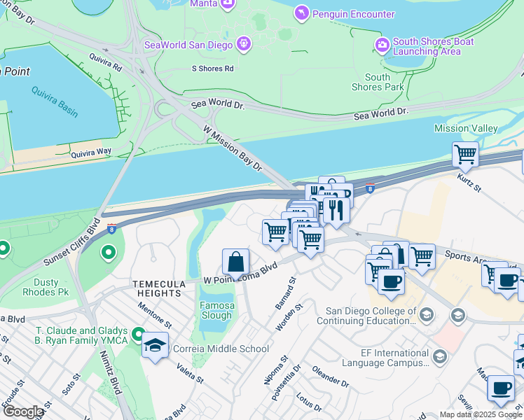map of restaurants, bars, coffee shops, grocery stores, and more near 3286 Loma Riviera Drive in San Diego