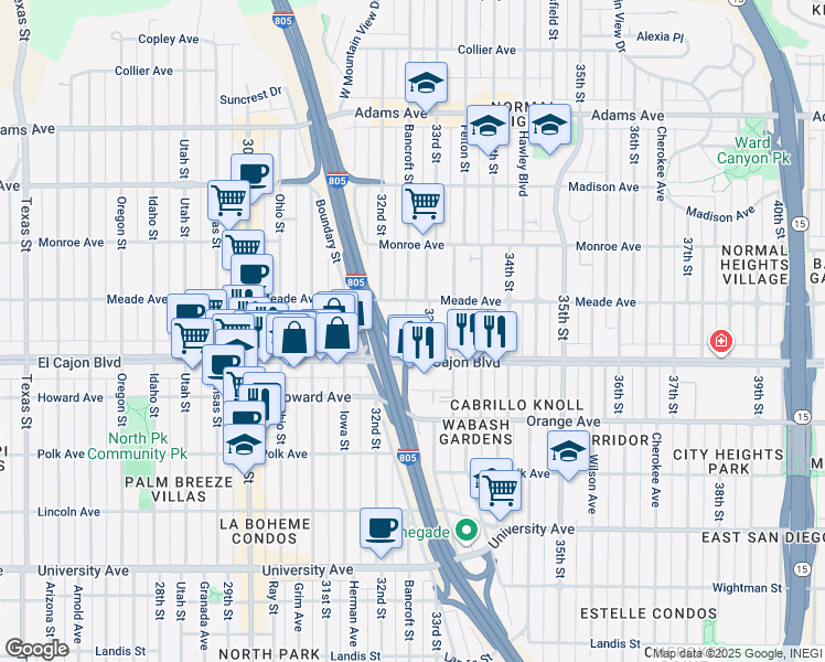 map of restaurants, bars, coffee shops, grocery stores, and more near 8418 El Cajon Boulevard in San Diego