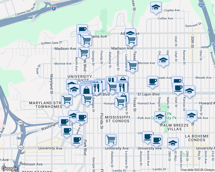 map of restaurants, bars, coffee shops, grocery stores, and more near 4344 Alabama Street in San Diego