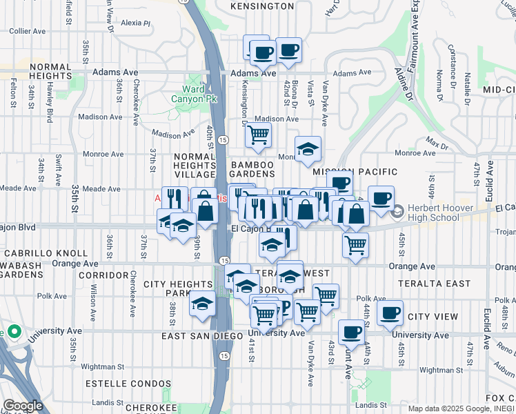 map of restaurants, bars, coffee shops, grocery stores, and more near 4352 Marlborough Avenue in San Diego