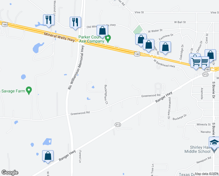 map of restaurants, bars, coffee shops, grocery stores, and more near 122 Buckingham Court in Weatherford
