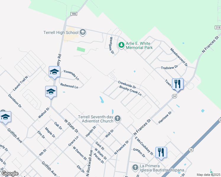 map of restaurants, bars, coffee shops, grocery stores, and more near 111 Stoney Creek Lane in Terrell