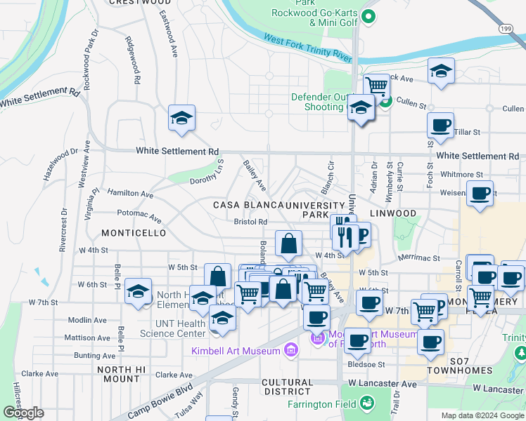 map of restaurants, bars, coffee shops, grocery stores, and more near 258 Jefferson Parkway in Fort Worth
