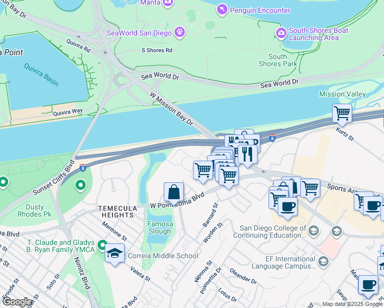 map of restaurants, bars, coffee shops, grocery stores, and more near 3286 Loma Riviera Drive in San Diego