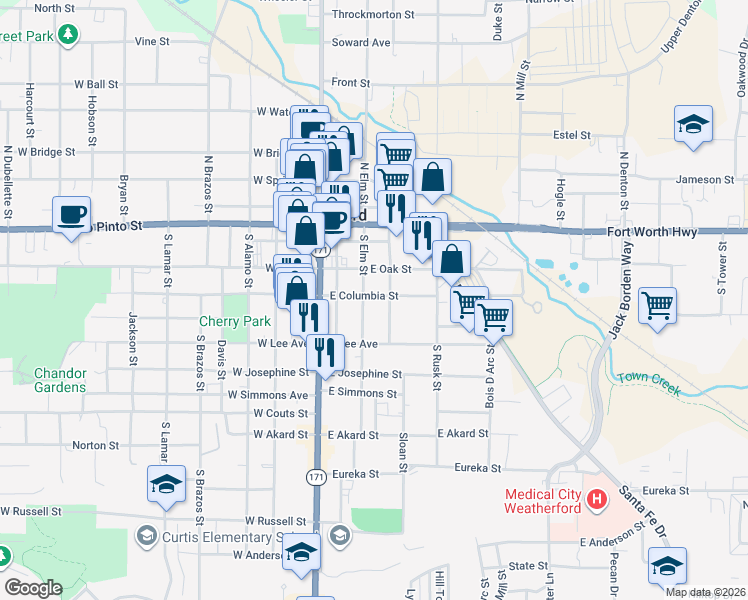 map of restaurants, bars, coffee shops, grocery stores, and more near 206 South Elm Street in Weatherford