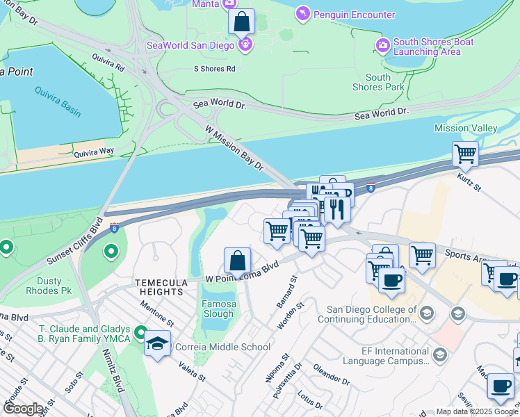map of restaurants, bars, coffee shops, grocery stores, and more near 3274 Loma Riviera Drive in San Diego