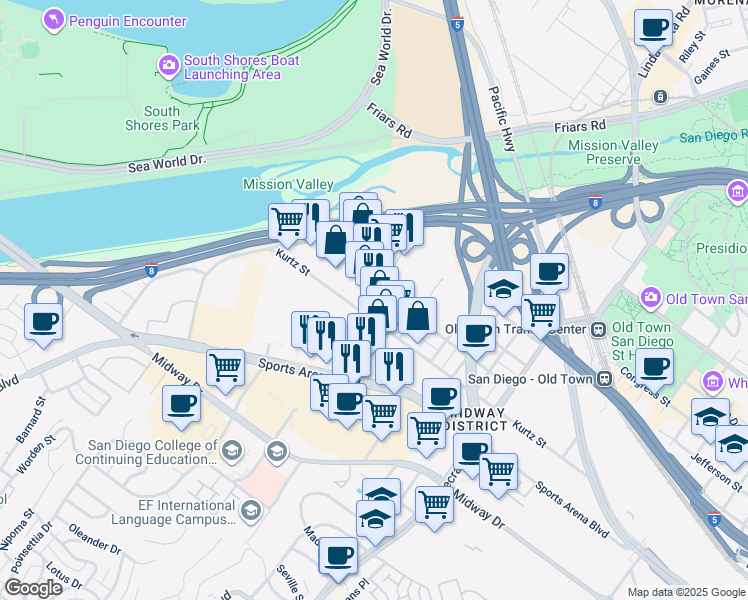 map of restaurants, bars, coffee shops, grocery stores, and more near 3401 Pickett Street in San Diego