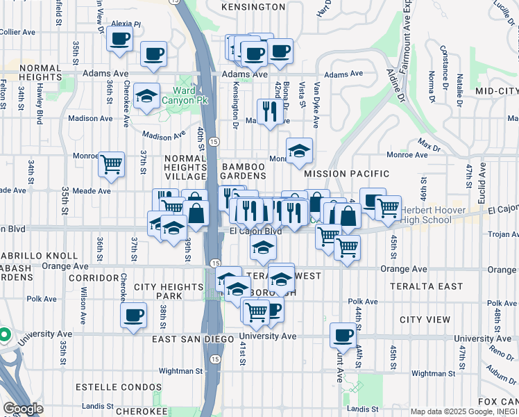 map of restaurants, bars, coffee shops, grocery stores, and more near 4357 Marlborough Avenue in San Diego