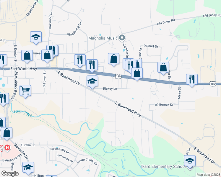map of restaurants, bars, coffee shops, grocery stores, and more near Rickey Lane in Weatherford