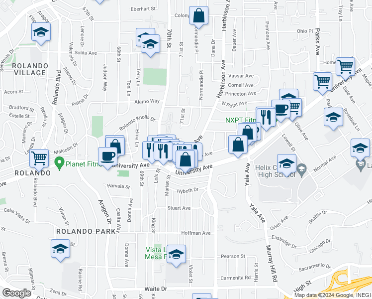 map of restaurants, bars, coffee shops, grocery stores, and more near 4272 Harbinson Avenue in La Mesa