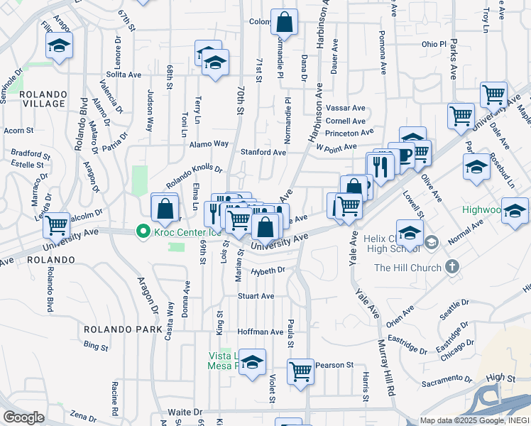 map of restaurants, bars, coffee shops, grocery stores, and more near 4272 Harbinson Avenue in La Mesa