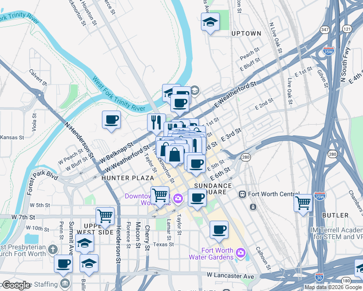 map of restaurants, bars, coffee shops, grocery stores, and more near 201 Main Street in Fort Worth
