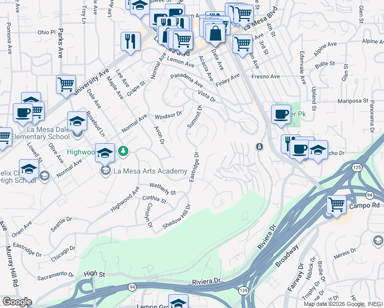 map of restaurants, bars, coffee shops, grocery stores, and more near 4293 Summit Drive in La Mesa