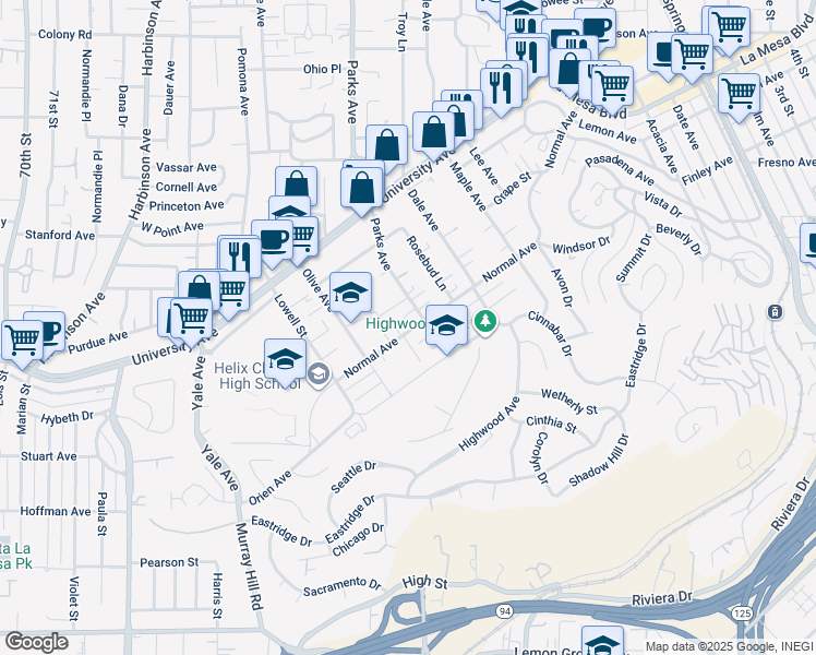 map of restaurants, bars, coffee shops, grocery stores, and more near 4323 Parks Avenue in La Mesa