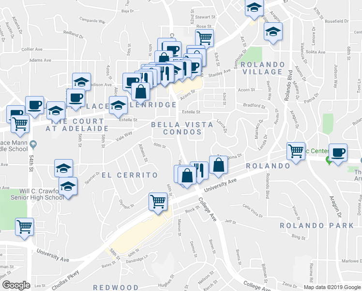 map of restaurants, bars, coffee shops, grocery stores, and more near 4403 College Avenue in San Diego