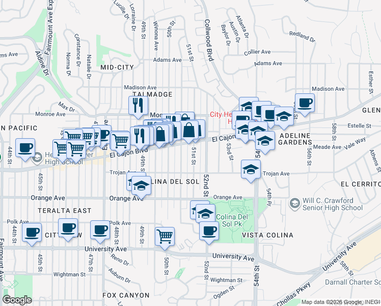 map of restaurants, bars, coffee shops, grocery stores, and more near in San Diego