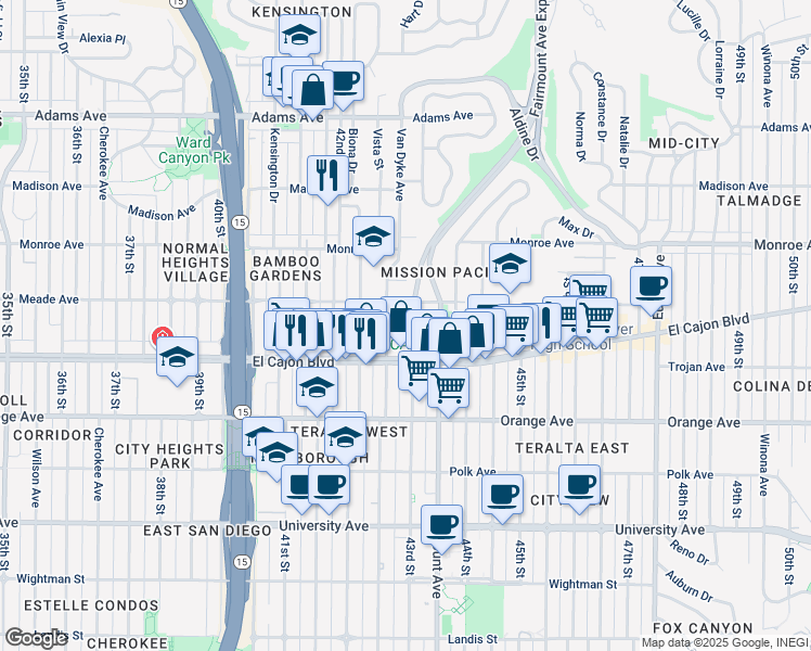 map of restaurants, bars, coffee shops, grocery stores, and more near 4390 43rd Street in San Diego