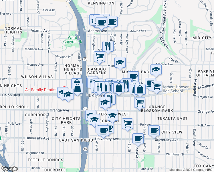 map of restaurants, bars, coffee shops, grocery stores, and more near 4395 42nd Street in San Diego