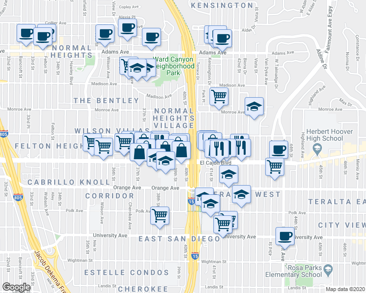 map of restaurants, bars, coffee shops, grocery stores, and more near 3967-77 Meade Avenue in San Diego