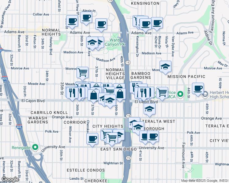 map of restaurants, bars, coffee shops, grocery stores, and more near 3815 Meade Avenue in San Diego
