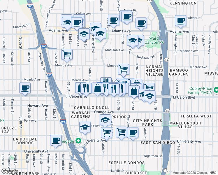 map of restaurants, bars, coffee shops, grocery stores, and more near 4396 Wilson Avenue in San Diego