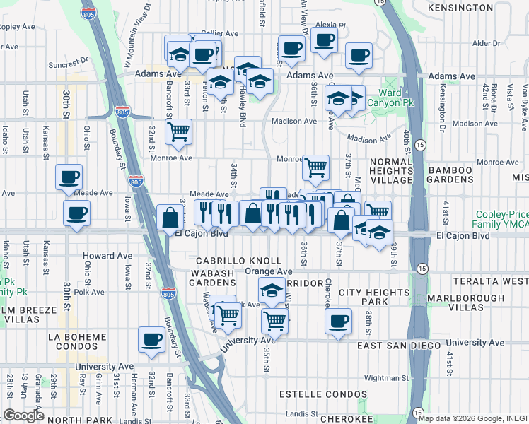 map of restaurants, bars, coffee shops, grocery stores, and more near 3461 Meade Avenue in San Diego