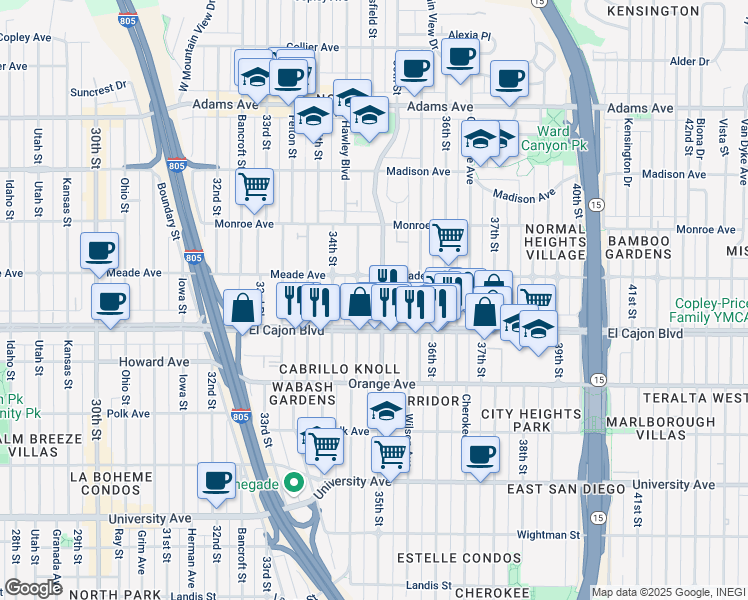 map of restaurants, bars, coffee shops, grocery stores, and more near 3461 Meade Avenue in San Diego