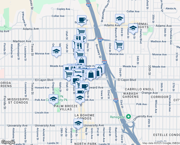 map of restaurants, bars, coffee shops, grocery stores, and more near 4386 Ohio Street in San Diego