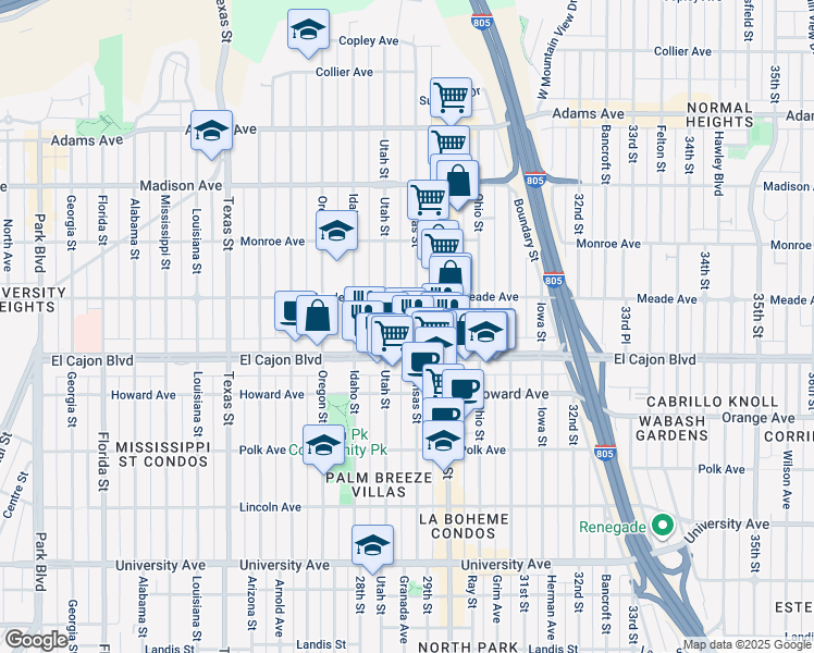 map of restaurants, bars, coffee shops, grocery stores, and more near 4384 Kansas Street in San Diego