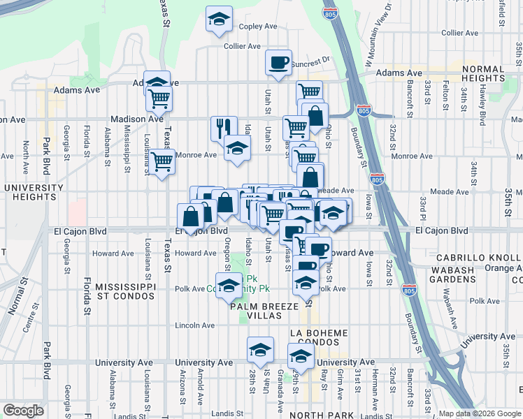 map of restaurants, bars, coffee shops, grocery stores, and more near 4383 Idaho Street in San Diego